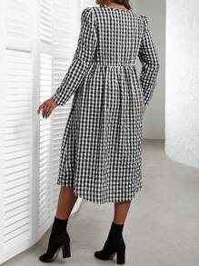EMERY ROSE Robe casual à manches longues pour l'automne, col V, imprimé à carreaux, grande taille