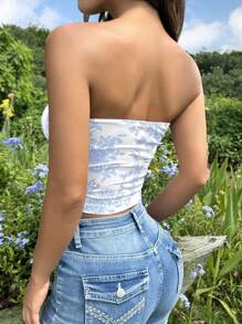 SHEIN EZwear Top corto de tirantes con espalda descubierta, fruncido y estampado floral diminuto para vacaciones de verano de mujer