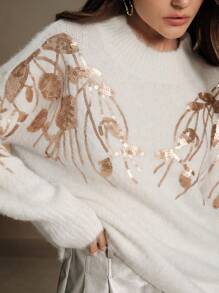 Anewsta Women's Elegant Loose Embroidered Sequined Pullover Sweater, Autumn/Winter - White - View 6