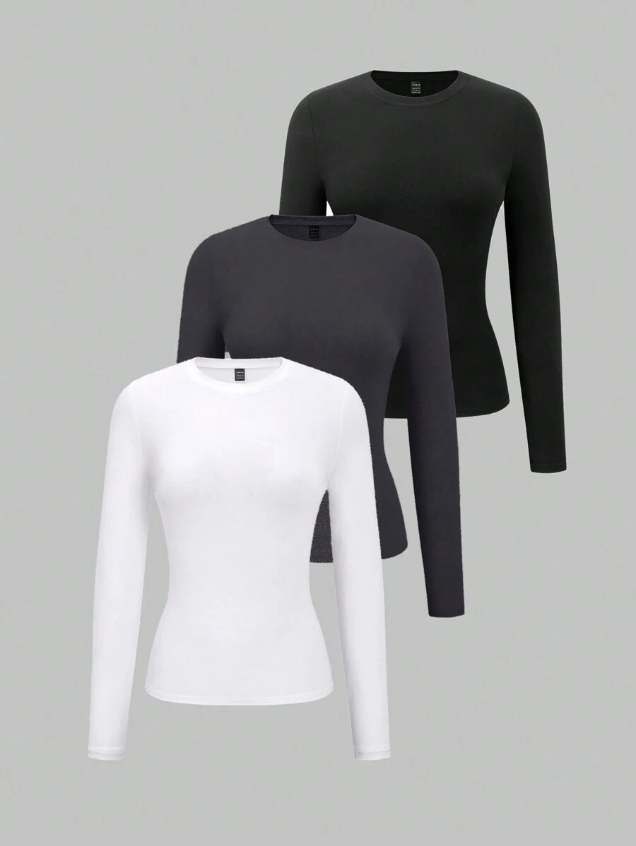 SHEIN Unity Women's Solid Color Round Neck Long Sleeve Fitted T-Shirt, Spring & Summer Fall Cloth For Women - Multicolor - View 1