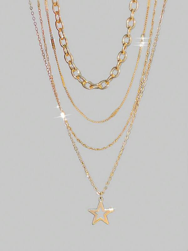 ROMWE Goth 4pcs Fashionable Gold Punk Style Star Pendant Chain Necklace Jewellery Set