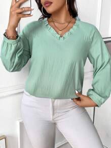 SHEIN Unity 大码女式休闲纯色长袖衬衫 - 綠色 - 查看 5