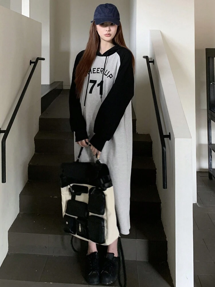 Women's Solid Color Patchwork Letter Print Long Sleeve Drawstring Hooded Dress,Fall Clothes Maxi Dress