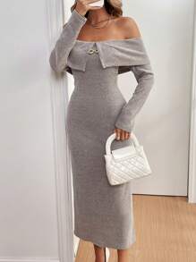 Chiquease Autumn/Winter  Camel Elegant Casual Fitted Off-Shoulder Long Sleeve Dress - Camel - View 3