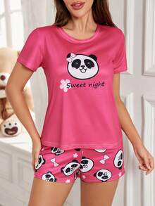 Conjunto de ropa de estar en casa con estampado de panda de manga corta y pantalones cortos - Rosa Fucsia - Ver 3