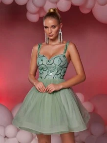 SHEIN Belle Elegant Glamorous Cute Olive Green Spaghetti Strap Sequin Lace Contrast Mesh Tulle Pleated Cocktail Party Dress