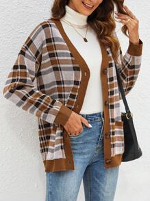 SHEIN LUNE Women's Autumn V-Neck Plaid Button-Up Cardigan Sweater - Multicolor - View 3