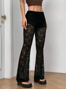 SHEIN EZwear Pantalones acampanados de malla de tela encantadora con aplicaciones de encaje y cintura plegable para mujer de corte slim
