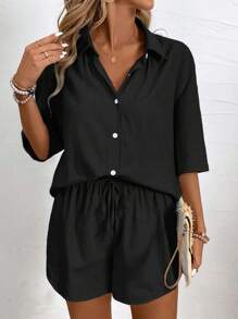 EMERY ROSE 女士假日休閒純色短袖襯衫和短褲套裝 - 黑色 - 查看 7