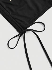 SHEIN MOD 女士可爱图案短袖 T 恤，腰部抽绳系带蝴蝶结，粉色和米色油画风格可爱熊腰带松紧带，有趣的米色，舒适的夏季 T 恤 - 黑色 - 查看 4