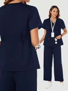 TaskEZ 2pcs Solid V-Neck Pocket Scrubs Top And Pants  Uniform Set - Navy Blue - View 1