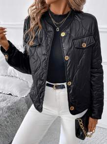 SHEIN Clasi Solid Color Button Front Long Sleeve Casual Padded Coat, Autumn/Winter Winter Women Coat - Multicolor - View 5