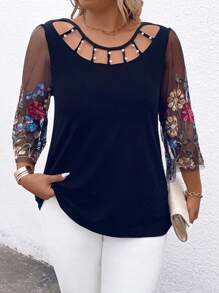 Blusa casual de talla grande para mujer con contraste de malla bordada con flores para primavera y verano - Azul Marino - Ver 5