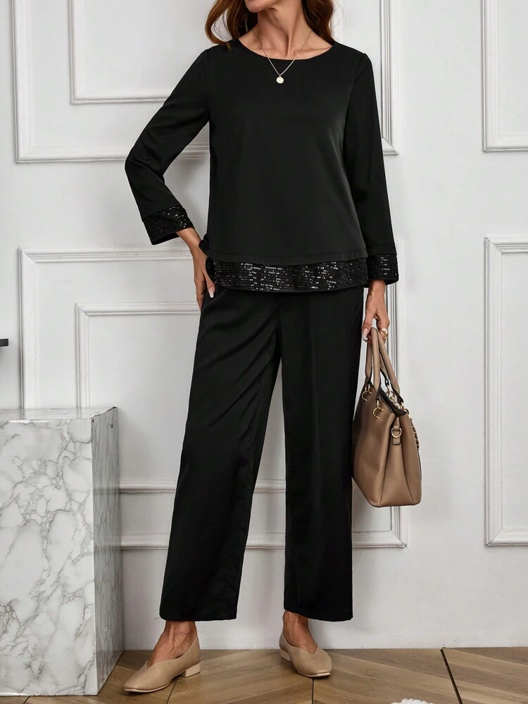 2pcs Women Solid Color Lace Patchwork Crew Neck Long Sleeve Top And Pants Elegant Outfit