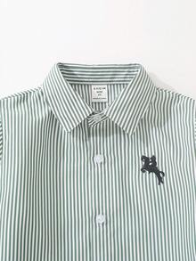 SHEIN 2 bộ trang phục quý ông bé trai: Áo sơ mi dài tay sọc xanh và quần tây có thắt lưng, thích hợp cho tiệc sinh nhật, tiệc tối, đám cưới, lễ - Màu xanh lá cây đậm - Xem 3