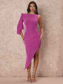 Glamine Asymmetrical Hem Shoulder Tie Ruched Midi Dress - Hot Pink - View 5