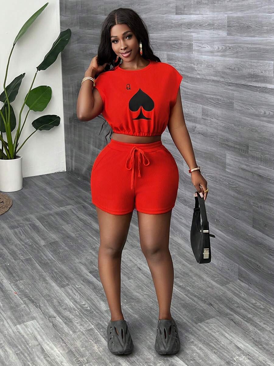 Slaydiva Women's Crew Neck Short Sleeve Graphic Printed T-Shirt And Drawstring Pocket Shorts Set - Red - View 1