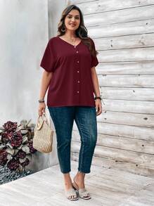 EMERY ROSE Plus Size Women's Solid Color Button Embellished Short Sleeve Shirt For Spring - Rose Red - View 5
