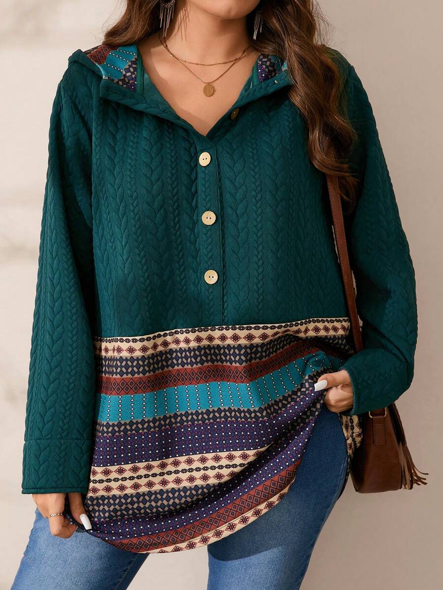 EMERY ROSE Áo hoodie in hình học cỡ lớn tay dài thường ngày cho nữ - xanh quân đội - Xem 1