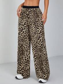 SHEIN PETITE Women's Leopard Print Woven Wide Leg Trousers - Brown - View 6