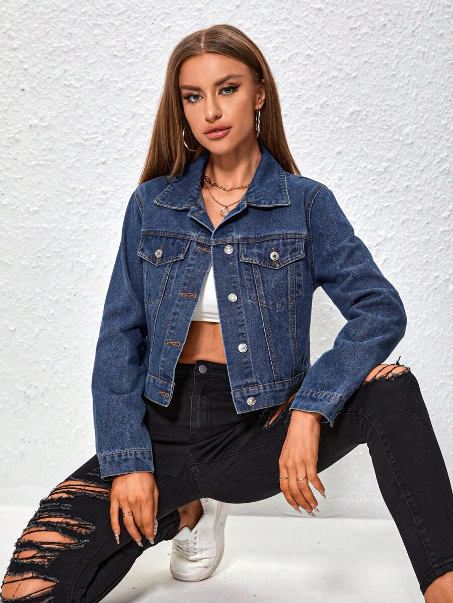 SHEIN Essnce Spring/Autumn Casual Cropped Denim Jacket - Dark Wash - View 1