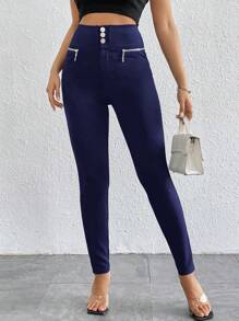 Firerie High Waist Button Zipper Skinny Pants - Navy Blue - View 4