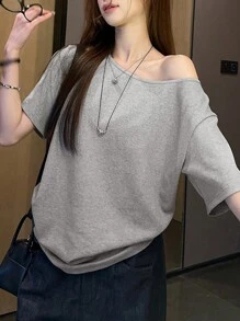 INAWLY Women's Asymmetrical Neck Short Sleeve Solid Color Minimalist Elegant T-Shirt