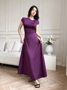 Modelyn Đầm cổ tròn màu trơn thanh lịch cho nữ, Đầm dạ hội dài mùa hè - Màu tím - Xem 6