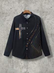 Manfinity LEGND 男式大码十字标语印花纽扣衬衫，春秋装