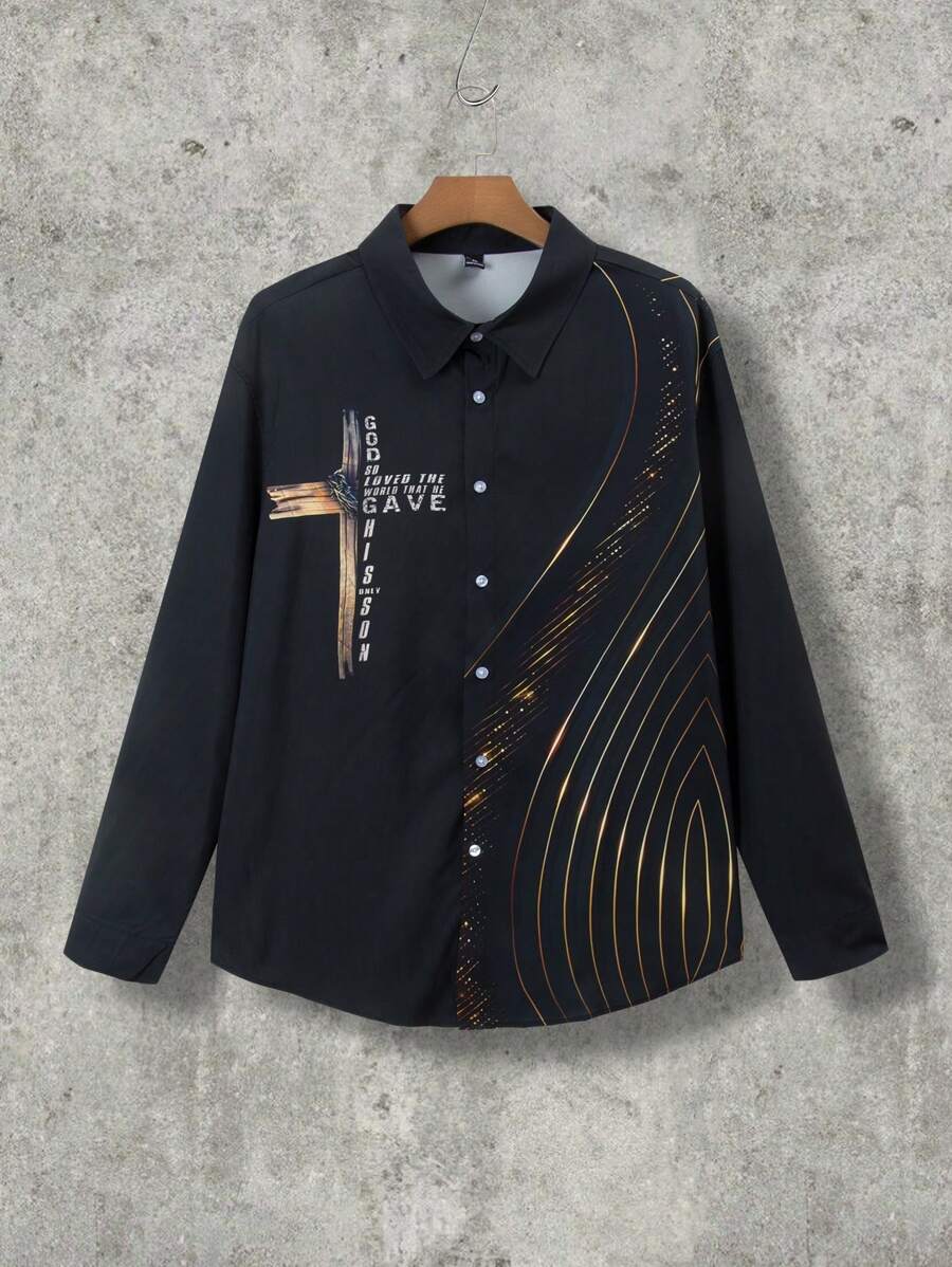 Manfinity LEGND 男式大码十字标语印花纽扣衬衫，春秋装