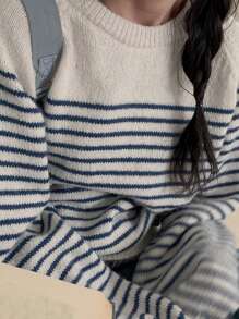 DAZY Women Round Neck Striped Oversized Sweater Fall - Blue - View 1