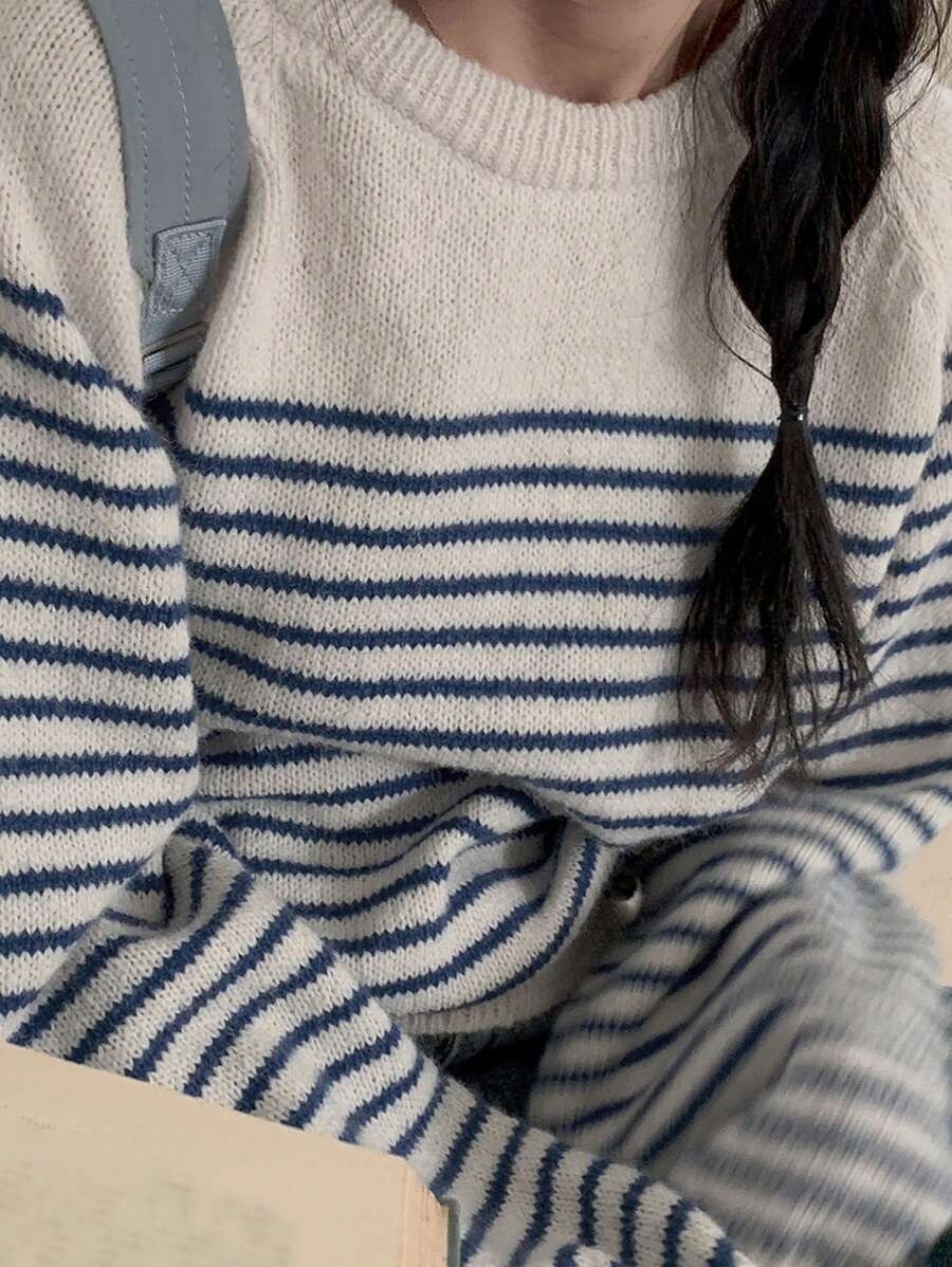 DAZY Women Round Neck Striped Oversized Sweater Fall - Blue - View 1