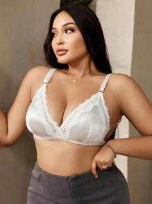 SHEIN Romantic Soft Shiny Plus Size Wireless Triangle Bra - White - View 4