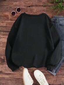 INAWLY Áo thun dài tay in hoa & chữ thường ngày - màu đen - Xem 2