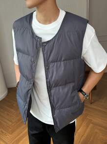 Manfinity Hypemode Men's Casual Solid Color Button Front Vest, Autumn/Winter