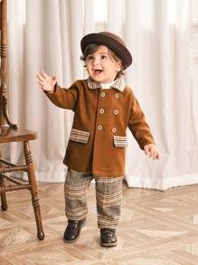 Souflis Souflis 2pcs/Set Baby Boys Solid Color Long Sleeve Shirt And Pants Set, Soft And Comfortable Casual Style For Autumn/Winter Outdoor, Vacation, Daily Wear, For Christmas