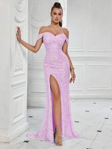 ADYCE Đầm maxi trơn màu, đính sequin, hở vai, xẻ lưng, có thắt lưng, thích hợp cho tiệc prom hoặc đi học. - Màu tím hoa cà - Xem 3
