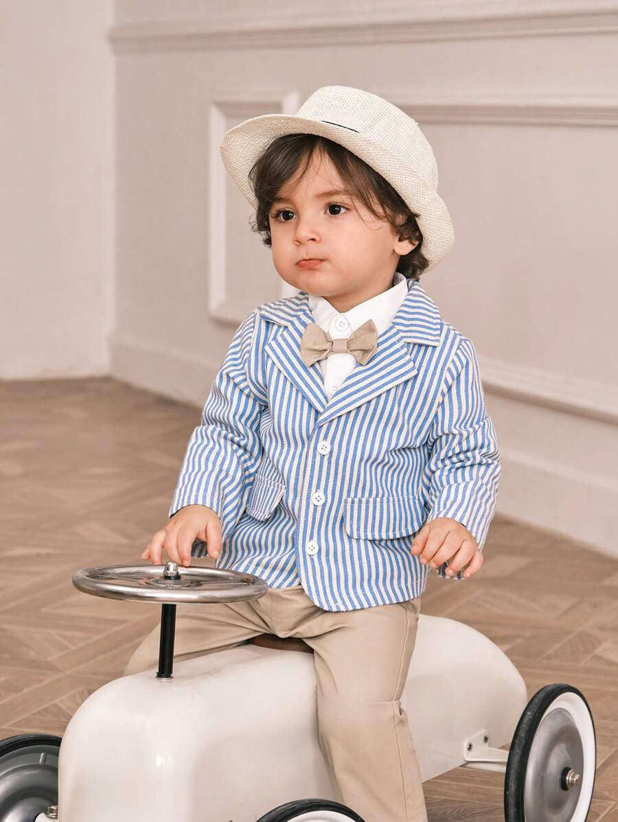 Souflis Souflis 3pcs/Set Baby Boys Striped Suit Jacket, Long Sleeve Shirt And Khaki Pants Outfit With Bow Tie, Gentleman Style, Suitable For Spring/Autumn Occasions, Parties, Photos, Travels, Vacations, Back To School Warmth - Multicolor - View 1