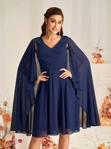 SHEIN Belle Women's Elegant Navy Blue V-Neck Chiffon Dress,Spring Wedding Guest Formal Party Bridesmaid Dresses With Asymmetrical Cape Sleeves,A-Line Applique - Blue - View 2