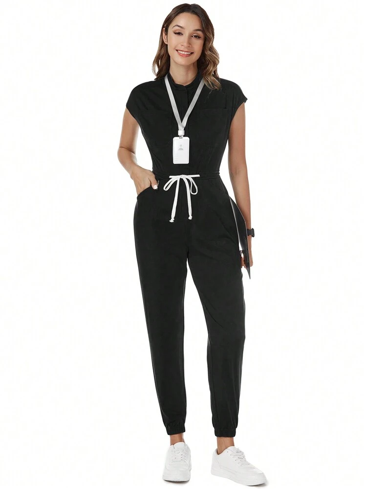 TaskEZ Macacão Uniforme de Enfermeira com Gola Padre, Bolso com Zíper e Manga Curta, em Cor Sólida - Preto - Visão 6