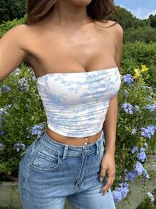 SHEIN EZwear Top corto de tirantes con espalda descubierta, fruncido y estampado floral diminuto para vacaciones de verano de mujer