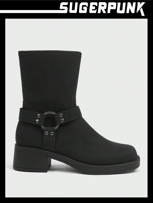 Sugerpunk Botas negras a media pantorrilla de uso diario sencillas para mujer