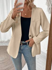 Chiquease V-Neck Long Sleeve Split Front Blazer - Apricot - View 1