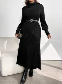 SHEIN Clasi Đầm len dài tay bồng bềnh cổ cao thời trang cỡ lớn cho nữ, mùa thu đông - màu đen - Xem 5