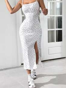 SHEIN EZwear 春夏红蓝碎花细肩带侧开衩修身中长连衣裙