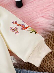 2pcs Baby Girls Chinese Style Embroidered Button Sweatshirt And Denim Jeans Set, Spring/Autumn