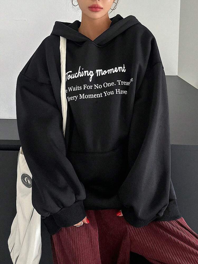Women's Black Letter Print Hoodie Pullover Sweatshirt,Fall Women Clothes