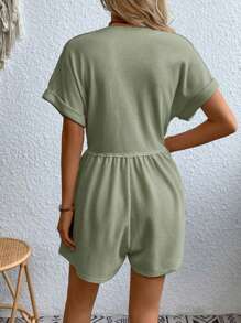 SHEIN Clasi 純色V領前扣夏季短袖連體褲 - 軍綠色 - 查看 2
