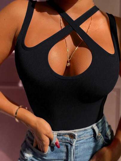 BamGleam Women's Sexy Slim Fit Solid Color Halter Bodysuit, Summer