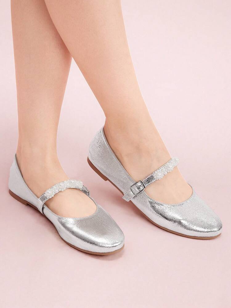 CUCCOO DOLLMOD Women's Flat Comfortable Shoes With Silver Metal PU & Pearl Strap Decoration Christmas